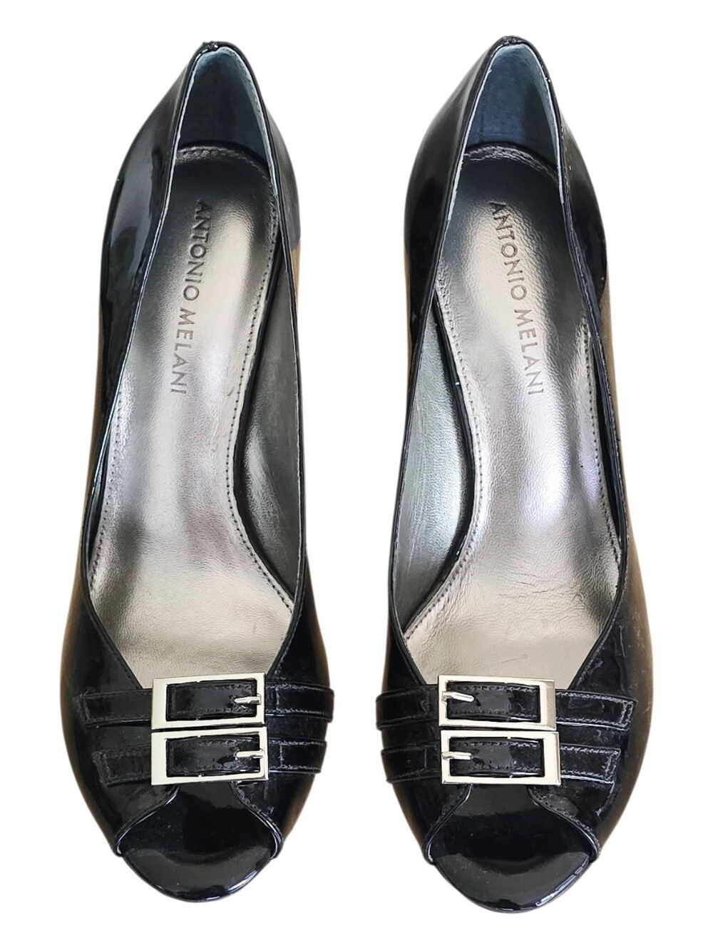New w/o Box ANTONIO MELANI Black Patent Peep-Toe Heels with Double Buckle 7.5